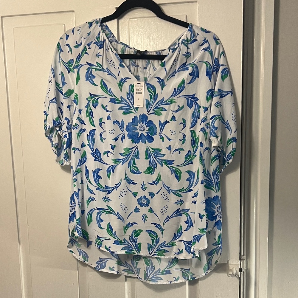 Talbots Blue and Green Floral Blouse